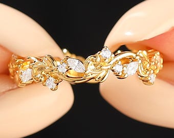 Vintage Moissanite Leaf Ring, 14k Gold Vine Anniversary Band