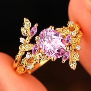 Oval Pink Sapphire Engagement Ring Set, Solid Gold Vintage Pink Gemstone Wedding Ring, Leaf Promise Ring, Gemstone Rings For Women