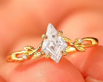Solid Gold 1.35ct Kite Shaped Moissanite Engagement Ring, Vintage Unique Leaf Infinity Bridal Ring, Silver Wedding Vine Ring Women