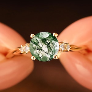 Natural Moss Agate Ring, Solid Yellow Gold Ring, 925 Sterling Silver Ring, Twisted Wedding Ring,  4 Prong Engagement Ring, Gift For Women