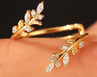 Solid 14K Gold Colorless Moissanite Matching Staking Band, Unique Ring For Women, Leaf Vine Stackable Enhancer Ring, Dainty Jewelry Ring