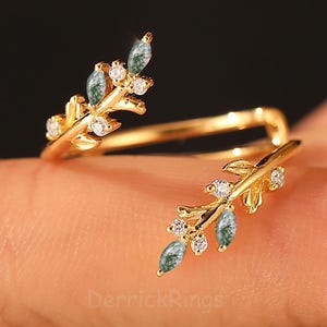 Dainty Art Deco Moss Agate Wedding Band, Solid Gold Leaf Vine Wedding Rings for Women, Unique Enhancer Rin, Anniversary Gift for Her