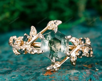 Art deco moss agate engagement ring hexagon vintage leaf vine promise ring Nature inspired solid white gold cluster ring Anniversary gifts