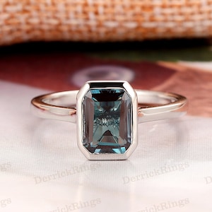 Color Changing Gemstone Ring, 6x8mm Emerald Cut Alexandrite Wedding Ring, 925 Sterling Silver Solitaire Promise Ring, Bezel Set Ring