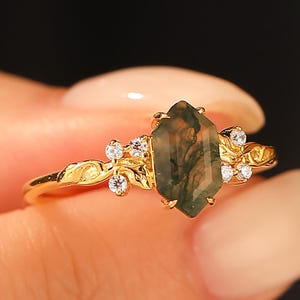 Elongated Hexagon Cut Green Moss Agate Ring, Gold Unique Moss Agate Engagement Ring, Cluster Moissanite Wedding Ring For Women, Prong Set