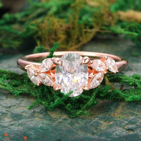 1.5CT Lab Grown CVD Diamond Oval Cut Engagement Ring With Leaf Vine Branch in 14K Solid Yellow Gold White Gold Rose Gold Synthetic Diamond