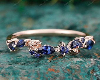 Sapphire Wedding Band Rose Gold Ring, Solid Gold Marquise & Round Ring, Leaf Vine Matching Stacking Ring, Anniversary Ring Gift For Women