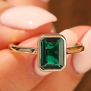 Retro Fine Jewelry, Emerald Cut 6x8mm Emerald Ring, Bezel Set Wedding Ring, 14k Rose Gold Minimalist Engagement Ring, Handmade Custom Ring