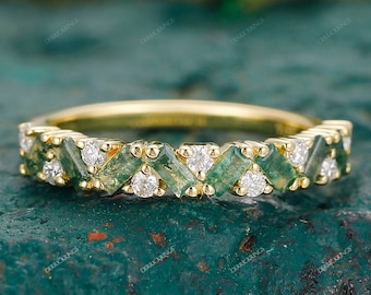 Moss Agate Cluster Wedding Band Bridal Moissanite Ring Promise Anniversary Matching Ring Unique Jewelry Half Eternity Band Gift For Love