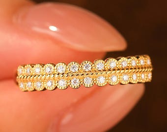 Fede nuziale Art Déco, fede nuziale con moissanite, fede abbinata, anello con moissanite, anello in oro giallo 14k, anello impilabile, anello con promessa