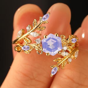Vintage Lavender Amethyst & Moissanite Ring Set, Unique Solid Gold Engagement Ring, Promise Ring, Bridal Set Anniversary Ring Gift for Women