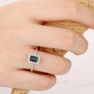 Natural London Blue Topaz Rings, 5x7mm Emerald Cut Natural London Blue Topaz Ring, Half Eternity Halo Wedding Ring, Vintage Promise Ring