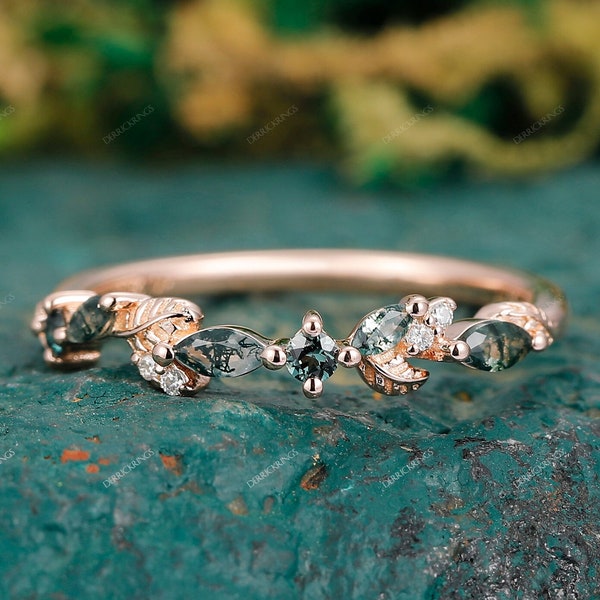 Leaf Vine Moss agate Wedding band Solid Rose Gold Marquise Alexandrite Moissanite marriage ring Dainty ring Promise Anniversary wedding band