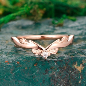 Leaf Curved wedding band rose gold Moissanite ring Vintage Unique Matching Stacking ring Bridal Promise Anniversary cluster dainty band