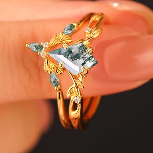 Conjunto de anéis de noivado em ágata musgo verde com corte antigo de pipa, anel de aniversário em formato de videira e folha para mulheres, conjunto exclusivo de alianças de casamento para noivas