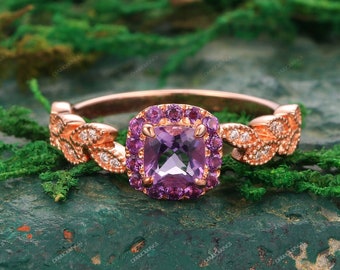 Art Deco Amethyst Jewelry, 0.6CT Cushion Cut Natural Amethyst Ring, Leaf Design Ring, Purple Gemstone Ring, Trendy Ring, Multi-Stone Rings