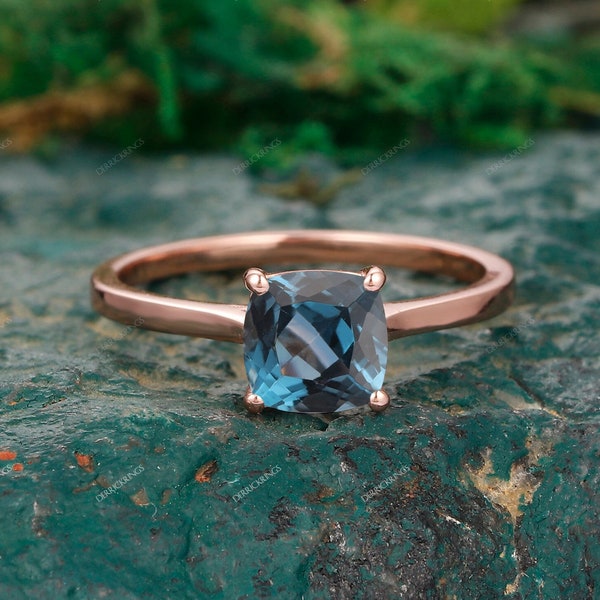 Minimalist London Blue Topaz Engagement Ring Women Soild Gold Ring Unique Solitaire Bridal Wedding Ring Vintage Anniversary Gift For Her