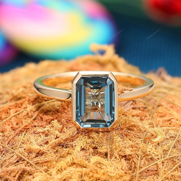 Emerald Shape Topaz Ring, Emerald Cut 6x8mm Natural London Blue Topaz Ring, Bezel Wedding Ring, Solitaire Emerald Ring, Natural Topaz Rings