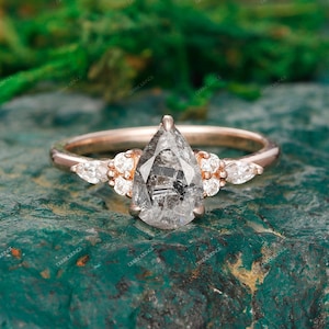 Trendy Cluster Pear Shaped Galaxy Raw Salt and Pepper Diamond Ring Marquise Moissanite Engagement Ring Unique Promise Ring Bridal Ring