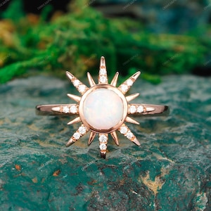 Vintage runde Opal Jahrestag Ring einzigartige Edelstein Braut Ehering Zarte Sonne förmige Ehering handgemachte Ringe für Frauen