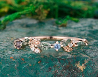 Leaf Vine Moss agate Wedding band Solid Rose Gold Marquise Alexandrite Moissanite marriage ring Dainty ring Promise Anniversary wedding band