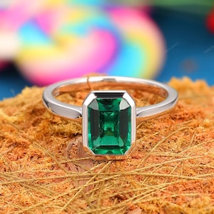 Retro Fine Jewelry, Emerald Cut 6x8mm Emerald Ring, Bezel Set Wedding Ring, 14k Rose Gold Minimalist Engagement Ring, Handmade Custom Ring