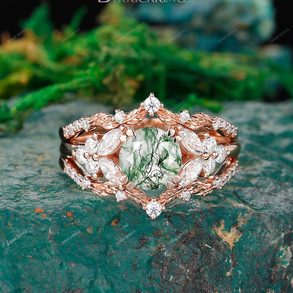 Vintage round cut green moss agate engagement ring rose gold art deco cluster leaf nature inspired bridal promise wedding ring set women