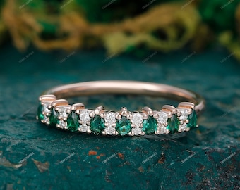 Pear Emerald Round Moissanite Wedding Band Half Eternity Band Art Deco Stacking Wedding Ring Anniversary Ring Sterling Silver Rose Gold