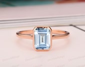 Bezel Set Wedding Promise Ring, Emerald Cut 6x8mm Natural Aquamarine Ring, Handcrafted 14k Rose Gold Bridal Jewelry, Vintage Solitaire Ring