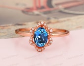 Genuine Gemstone Promise Ring, Oval Cut 5x7mm Natural London Blue Topaz Ring, Solid 14k Gold Halo Wedding Ring, Vintage Engagement Ring