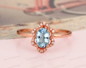 Wedding Bridal Jewelry, 5x7mm Oval Cut Natural Aquamarine Ring, 14k Rose Gold Halo Promise Ring, Art Deco Engagement Ring, Birthday Gift