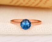 Bridal Anniversary Gift, Round Cut 6.5mm Natural London Blue Topaz Ring, Solid 14k Gold Wedding Engagement Ring, Classic Style Promise Ring