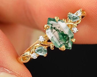 Prong Set Long Hexagon Moss Agate Ring, Yellow Gold Promise Ring For Women