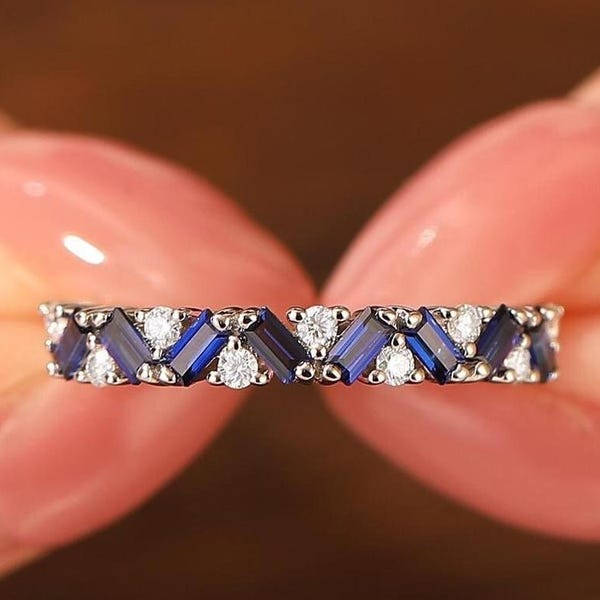 Baguette Sapphire Ring, Solid Gold Blue Engagement Ring, Women Dainty September Birthstone Stacking Ring, Silver Jewellery Gift For Her