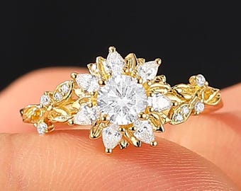 Vintage Leaf Moissanite Ring, 14K Gold Multi Stone Bridal Proposal Ring