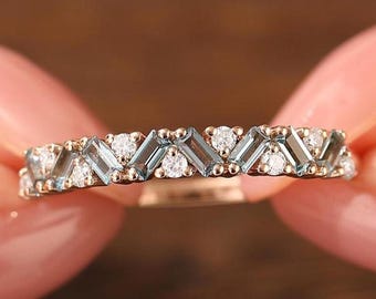 14K Solid Gold Baguette Topaz Wedding Band, Women Band Art Deco Matching Band, November Birthstone Moissanite Band, London Blue Topaz