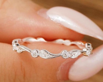 Filigree Leaf Wedding Band For Woman 925 Sterling Silver Curved Matching Stacking Ring Art deco Leaf Vine Vintage Promise Ring For Her