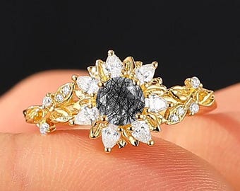 Nature Inspired Black Rutile Quartz Ring, Sunflower Halo Leaf Wedding Ring
