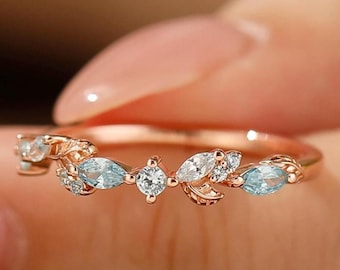 Aquamarine Ring, Rose Gold Wedding Band, March Birthstone Gifts, Personalized Custom Anniversary Ring, Blue Gemstone Birthstone Ring Band