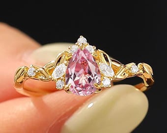 Oval Pink Sapphire Nature Vine Yellow Gold Ring, Leaf Engagement Promise Ring for Her