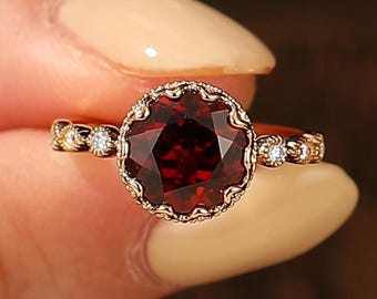 2CT Round Cut Natural Red Garnet Ring, Handmade Red Garnet Ring, Garnet Daily Ring, Bezel Milgrain Wedding Ring, 14k Solid Gold Antique Ring