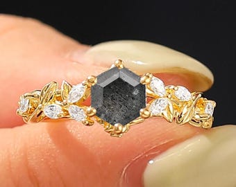 Herkimer Diamond Engagement Ring, Hexagon Cut Leaf Multi Stone Ring