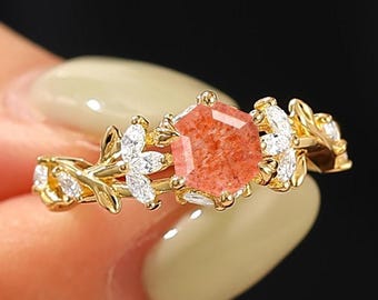 Hexagon Orange Sunstone Ring, Floral Vine Accent Gold Engagement Wedding Gift Ring