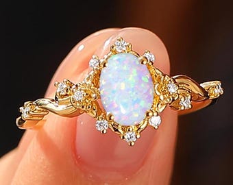 Dainty Solid 14k Gold Oval Lab Opal Ring, Minimalist Promise Ring