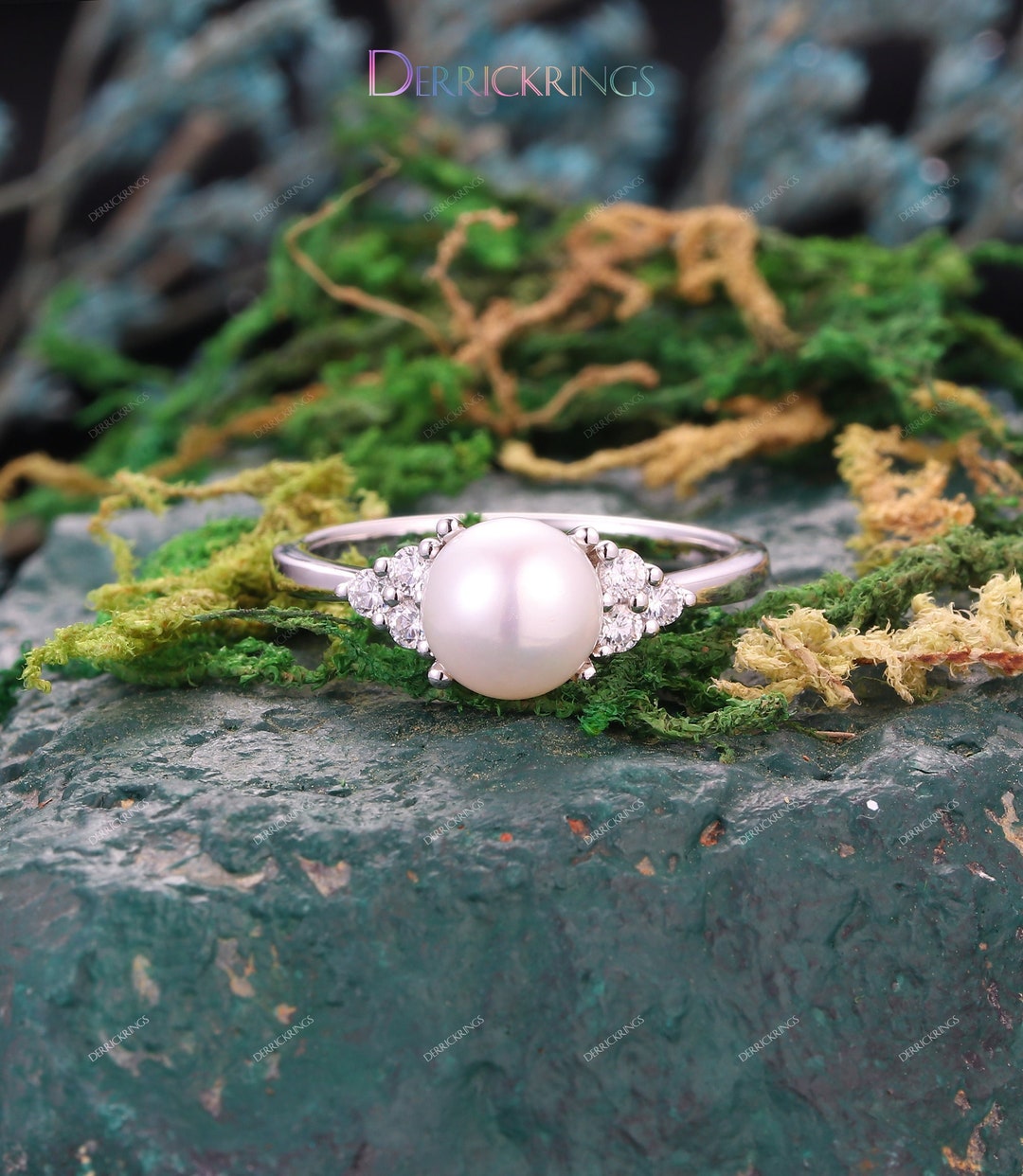 Natural White Pearl Engagement Ring, Real Pearl Ring, 14k Solid Gold