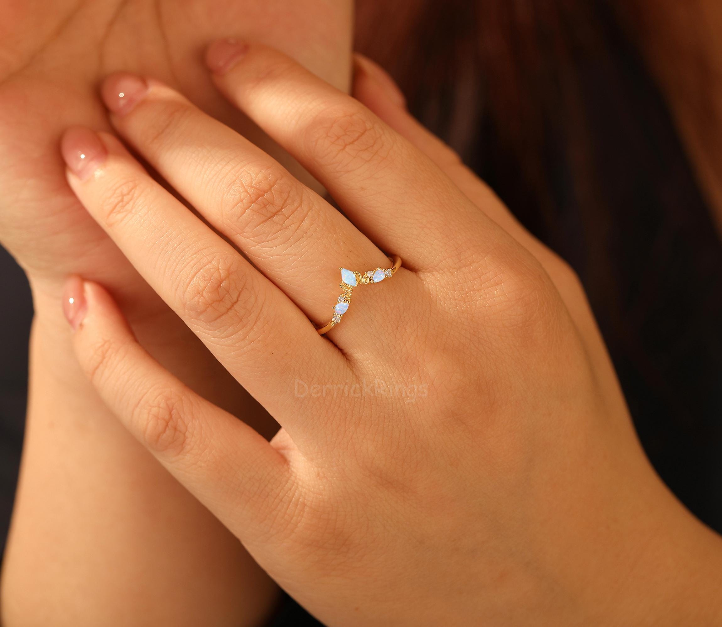 Matching Opsite Rings Opal Moissanite Wedding Ring, Yellow Gold October Birthstone Ring, Opal ...