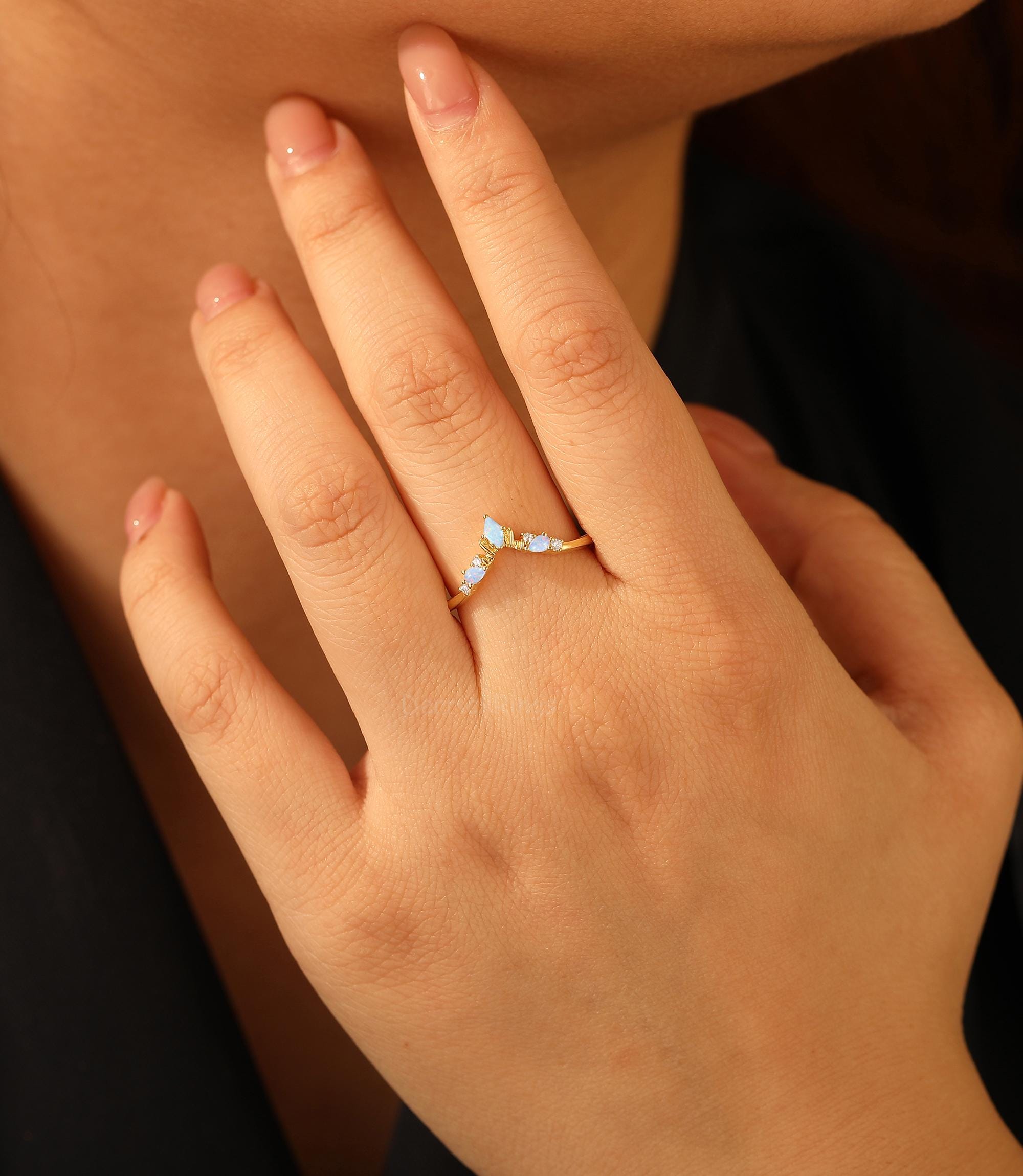 Matching Opsite Rings Opal Moissanite Wedding Ring, Yellow Gold October Birthstone Ring, Opal ...