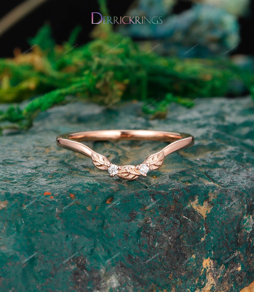 Rose Gold Leaf Wedding Band Natural Diamond 925 Sterling Silver Ring