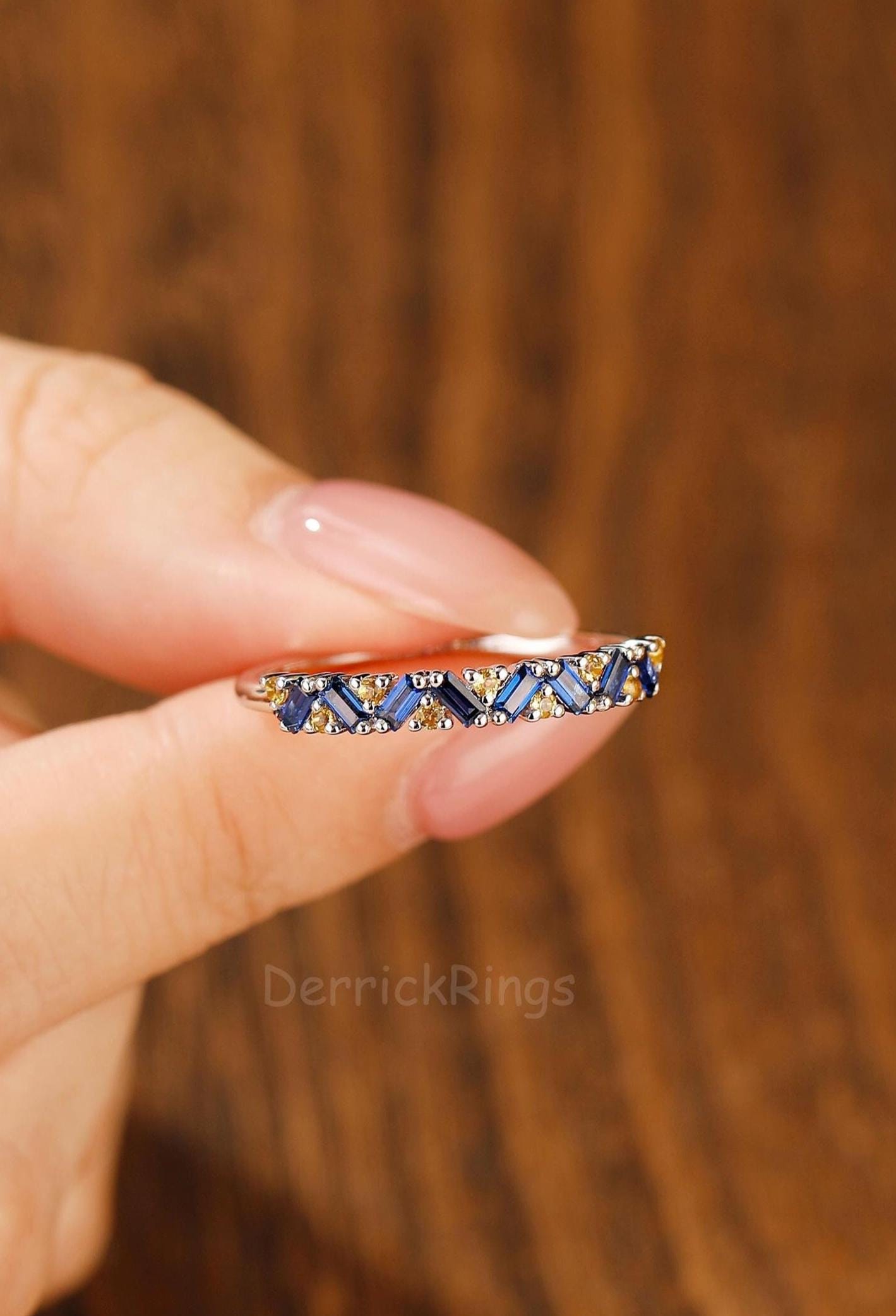 Yellow Gold Baguette Sapphire Ring, Solid Gold Sapphire Engagement Band Women, Dainty Birthstone Ring, Stacking Ring Sapphire Citrine Ring