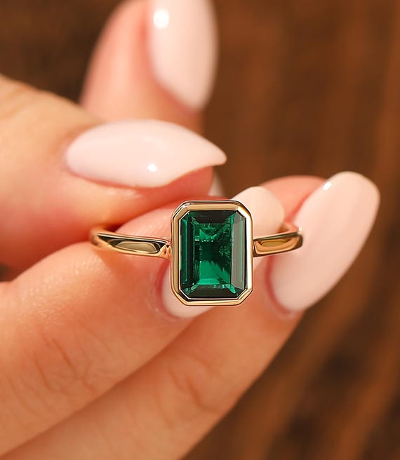10k Yellow Gold May Birthstone Ring - 1 Ct Emerald Cut CZ Statement Ring, Size 8 - View #6